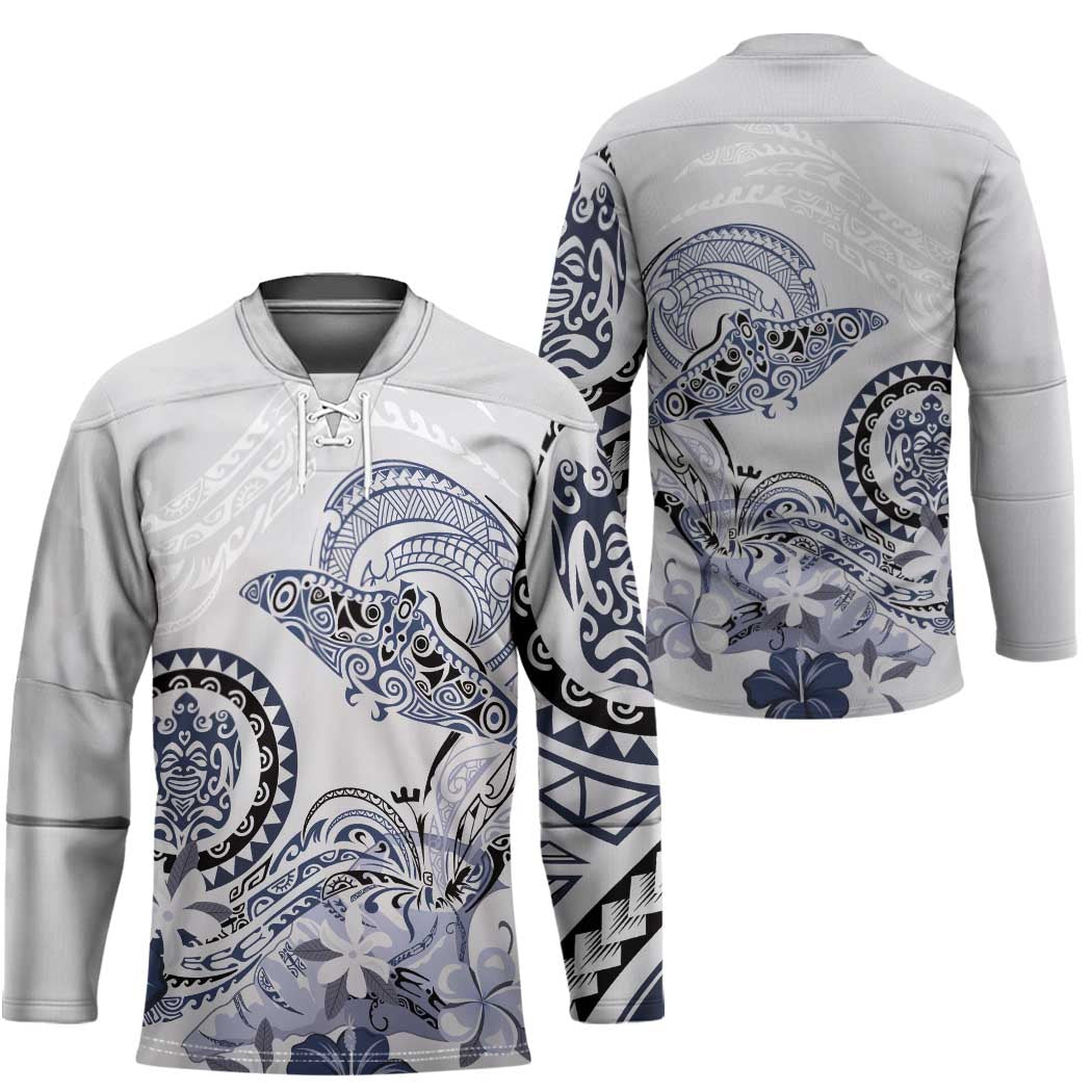 Polynesian Manta Ray Hockey Jersey Blue Floral Turtle Tattoo LT9 - Polynesian Pride
