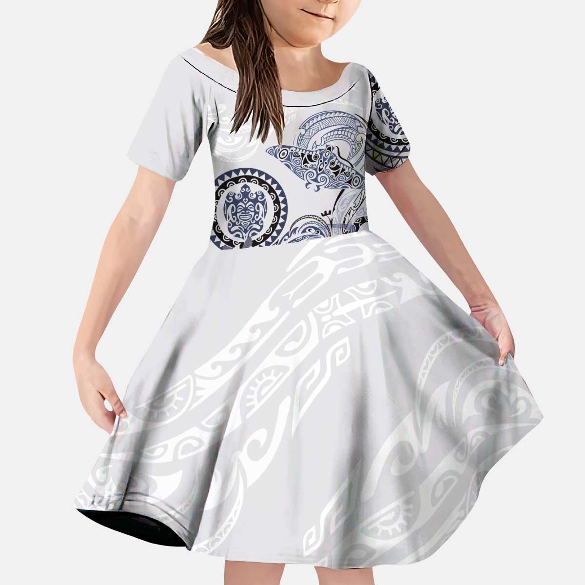 Polynesian Manta Ray Kid Short Sleeve Dress Blue Floral Turtle Tattoo - Polynesian Pride