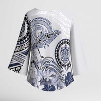 Polynesian Manta Ray Kimono Sleeve Blouse Blue Floral Turtle Tattoo LT9 - Polynesian Pride