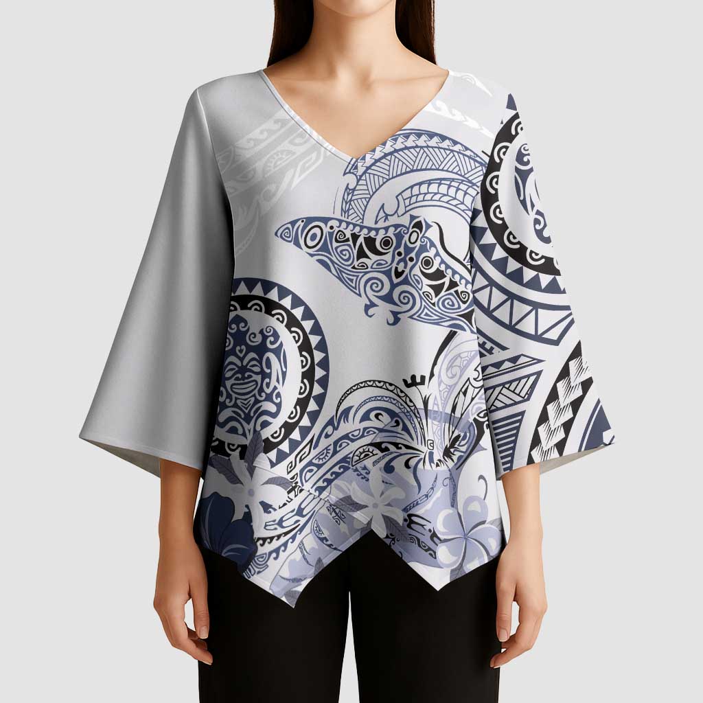 Polynesian Manta Ray Kimono Sleeve Blouse Blue Floral Turtle Tattoo LT9 - Polynesian Pride