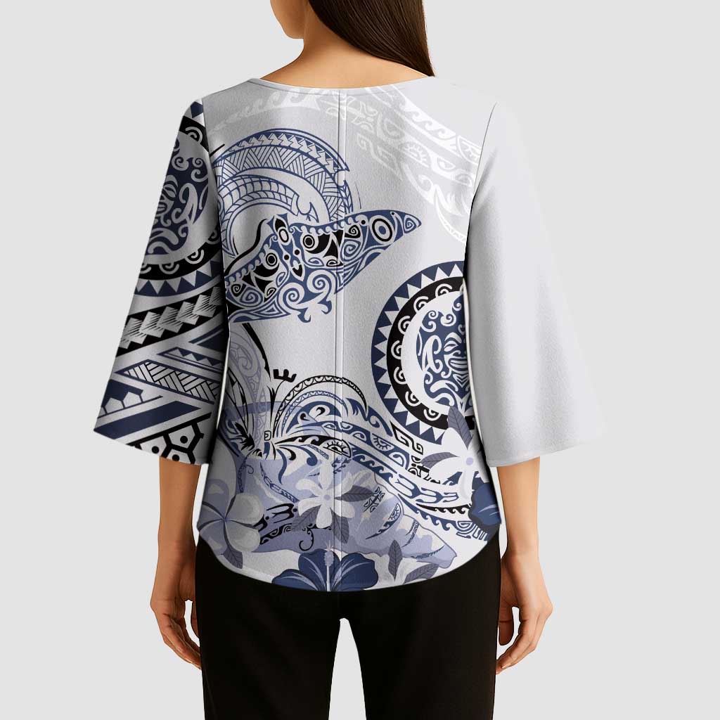 Polynesian Manta Ray Kimono Sleeve Blouse Blue Floral Turtle Tattoo LT9 - Polynesian Pride