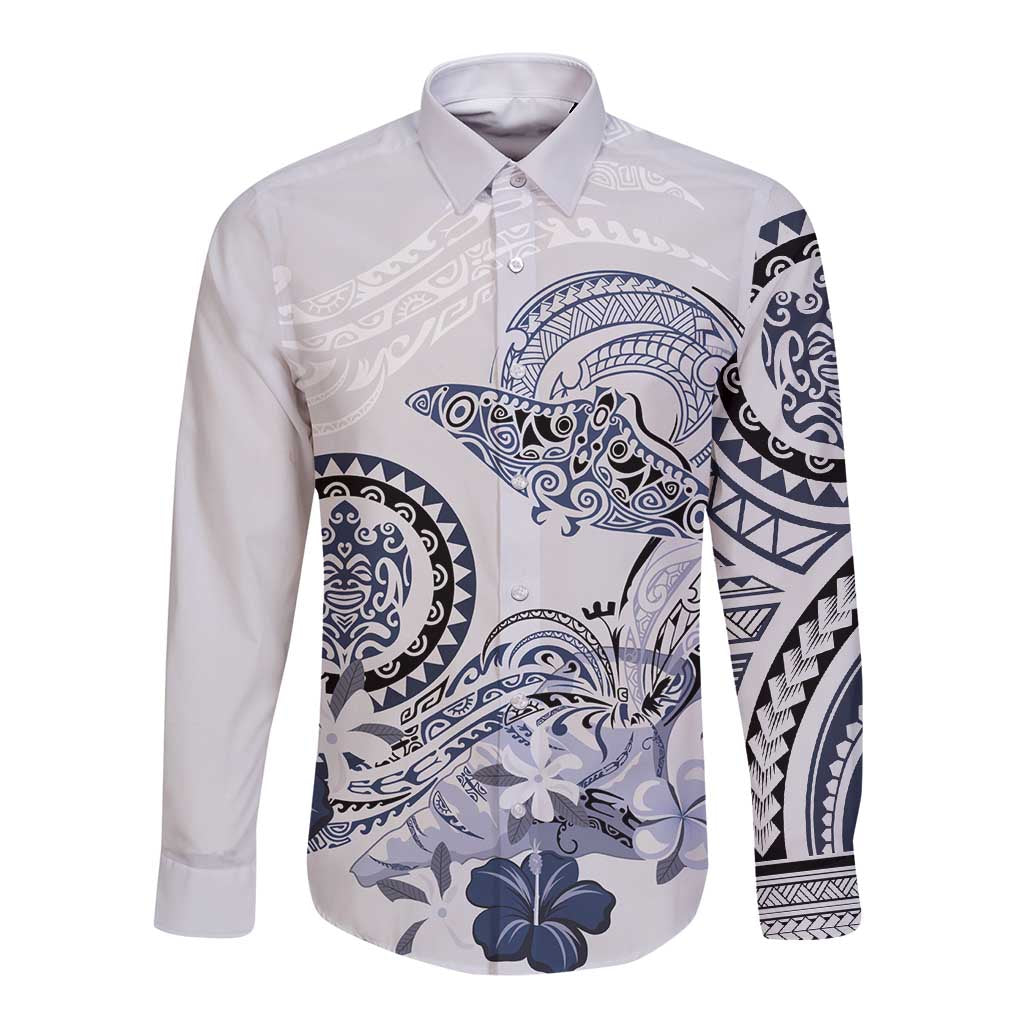 Polynesian Manta Ray Long Sleeve Button Shirt Blue Floral Turtle Tattoo LT9 Unisex Blue - Polynesian Pride