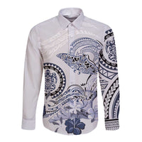 Polynesian Manta Ray Long Sleeve Button Shirt Blue Floral Turtle Tattoo LT9 Unisex Blue - Polynesian Pride