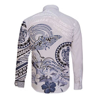 Polynesian Manta Ray Long Sleeve Button Shirt Blue Floral Turtle Tattoo LT9 - Polynesian Pride