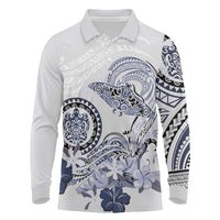 Polynesian Manta Ray Long Sleeve Polo Shirt Blue Floral Turtle Tattoo LT9 Blue - Polynesian Pride