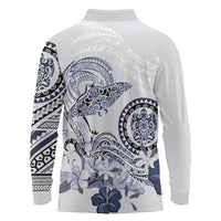 Polynesian Manta Ray Long Sleeve Polo Shirt Blue Floral Turtle Tattoo LT9 - Polynesian Pride