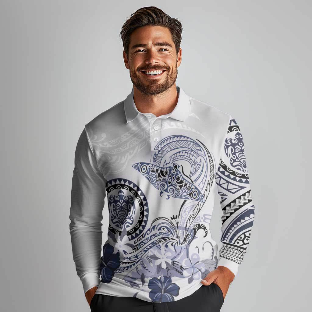 Polynesian Manta Ray Long Sleeve Polo Shirt Blue Floral Turtle Tattoo LT9 - Polynesian Pride