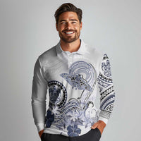 Polynesian Manta Ray Long Sleeve Polo Shirt Blue Floral Turtle Tattoo LT9 - Polynesian Pride