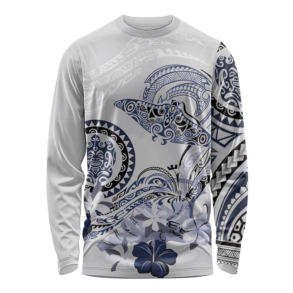 Polynesian Manta Ray Long Sleeve Shirt Blue Floral Turtle Tattoo - Polynesian Pride