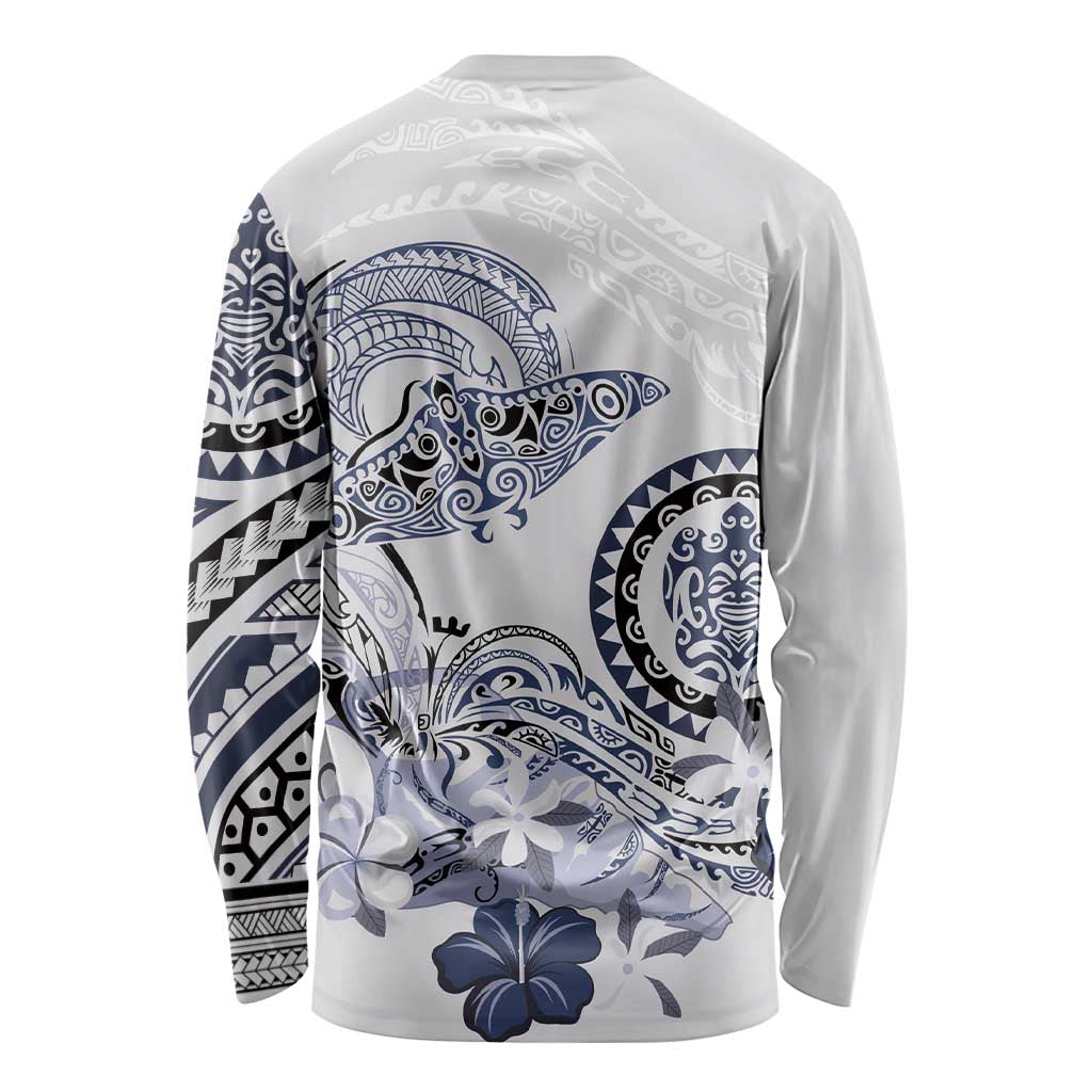 Polynesian Manta Ray Long Sleeve Shirt Blue Floral Turtle Tattoo LT9 - Polynesian Pride