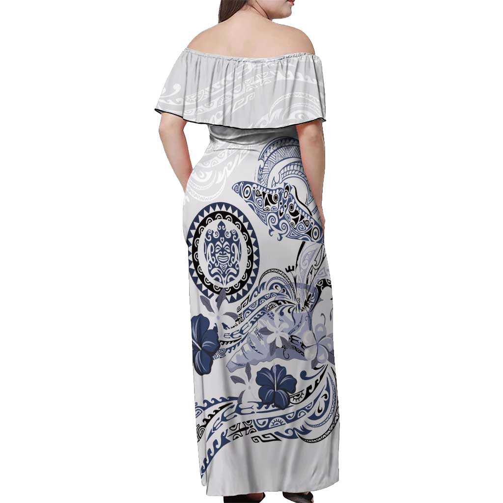 Polynesian Manta Ray Off Shoulder Maxi Dress Blue Floral Turtle Tattoo - Polynesian Pride