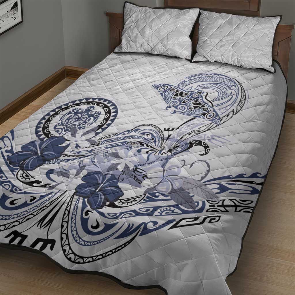 Polynesian Manta Ray Quilt Bed Set Blue Floral Turtle Tattoo - Polynesian Pride
