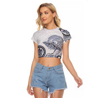 Polynesian Manta Ray Raglan Cropped T Shirt Blue Floral Turtle Tattoo - Polynesian Pride