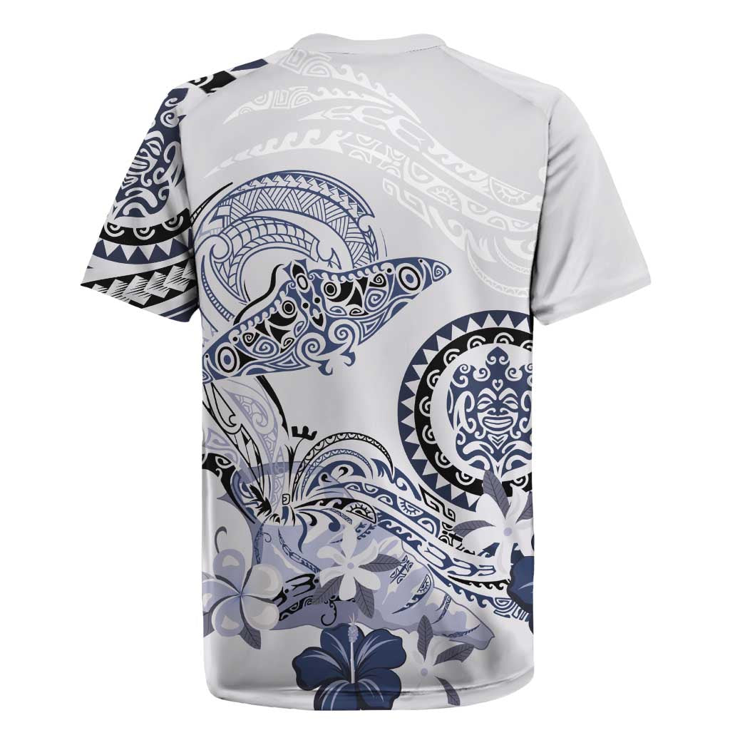 Polynesian Manta Ray Rugby Jersey Blue Floral Turtle Tattoo LT9 - Polynesian Pride