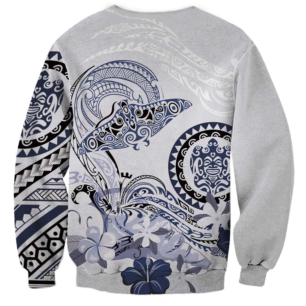 Polynesian Manta Ray Sweatshirt Blue Floral Turtle Tattoo LT9 - Polynesian Pride