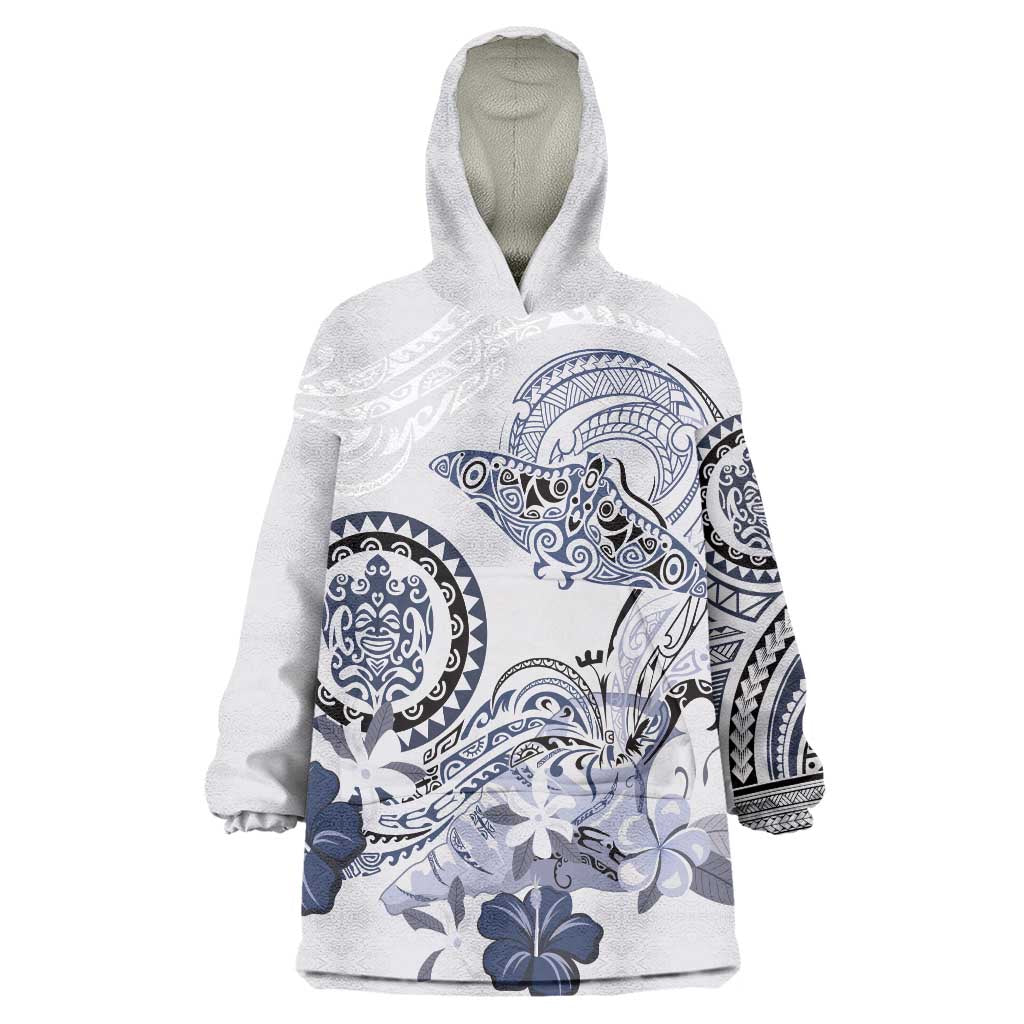 Polynesian Manta Ray Wearable Blanket Hoodie Blue Floral Turtle Tattoo LT9 One Size Blue - Polynesian Pride