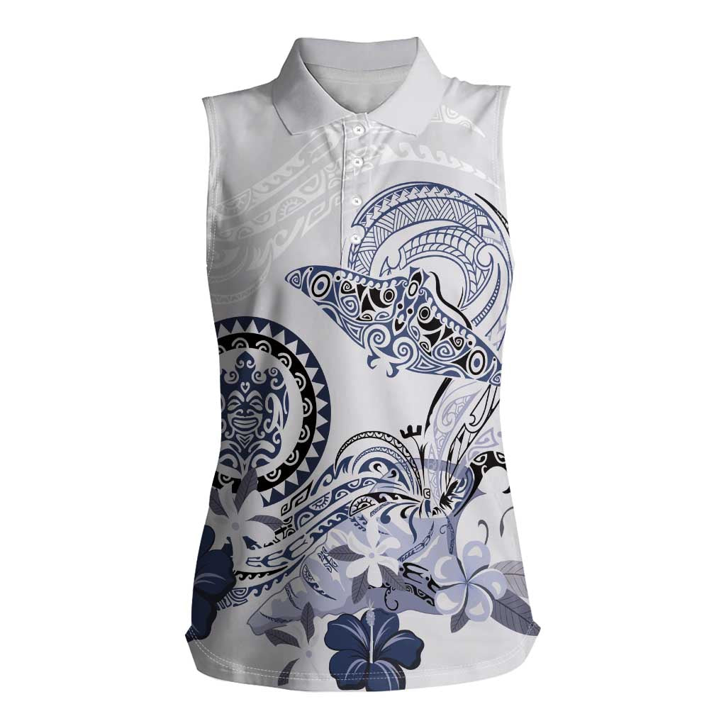 Polynesian Manta Ray Women Sleeveless Polo Shirt Blue Floral Turtle Tattoo LT9 Female Blue - Polynesian Pride