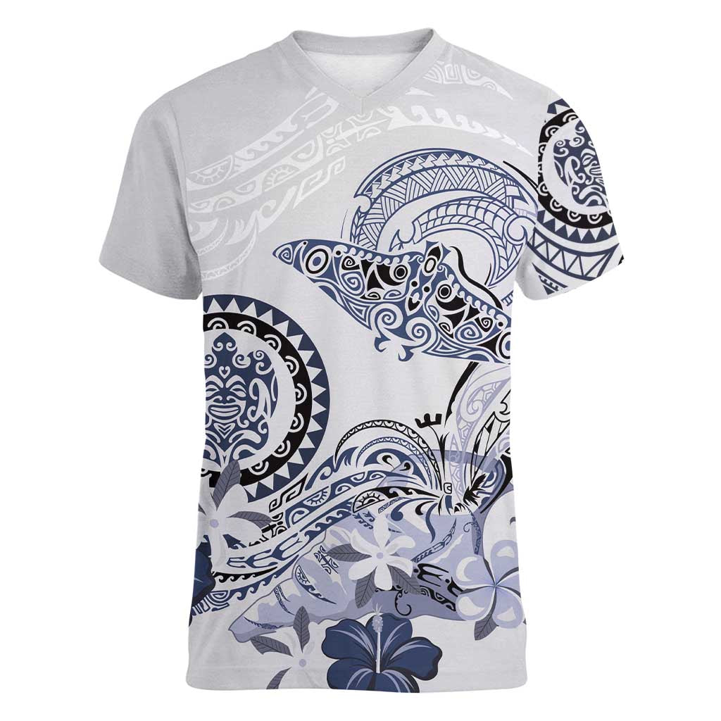Polynesian Manta Ray Women V-Neck T-Shirt Blue Floral Turtle Tattoo - Polynesian Pride