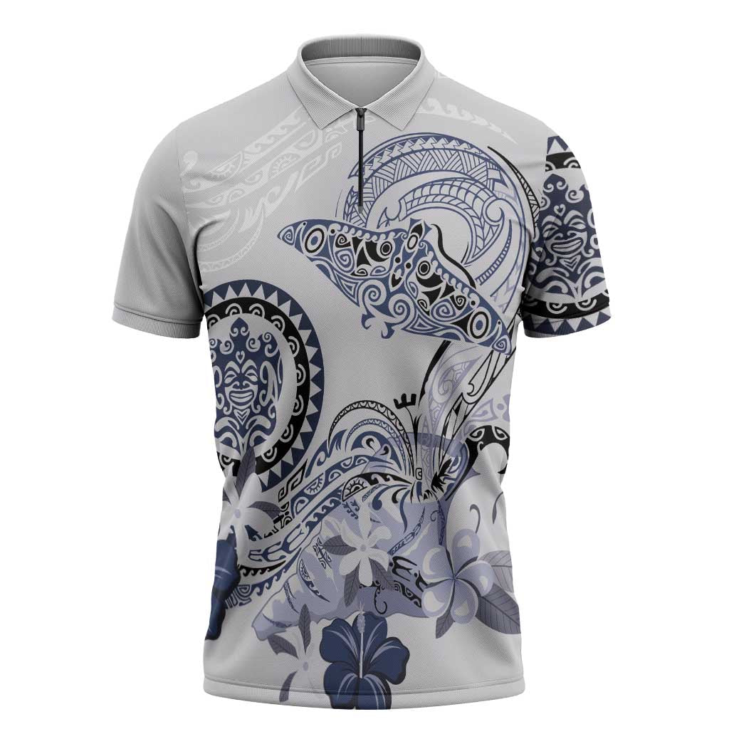 Polynesian Manta Ray Zipper Polo Shirt Blue Floral Turtle Tattoo LT9 Blue - Polynesian Pride