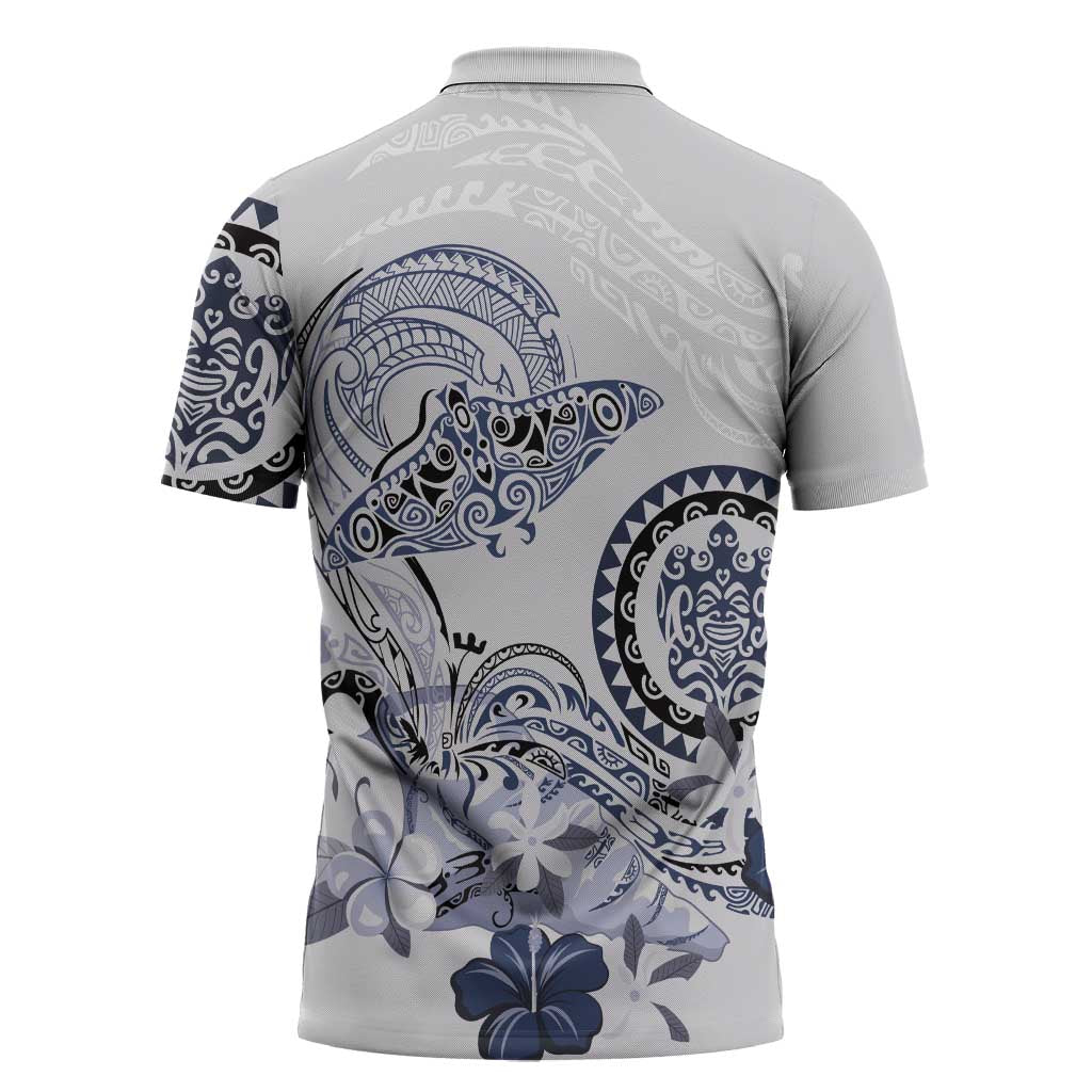 Polynesian Manta Ray Zipper Polo Shirt Blue Floral Turtle Tattoo LT9 - Polynesian Pride