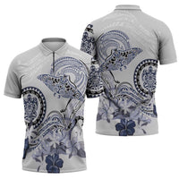 Polynesian Manta Ray Zipper Polo Shirt Blue Floral Turtle Tattoo LT9 - Polynesian Pride
