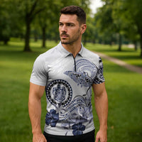 Polynesian Manta Ray Zipper Polo Shirt Blue Floral Turtle Tattoo LT9 - Polynesian Pride