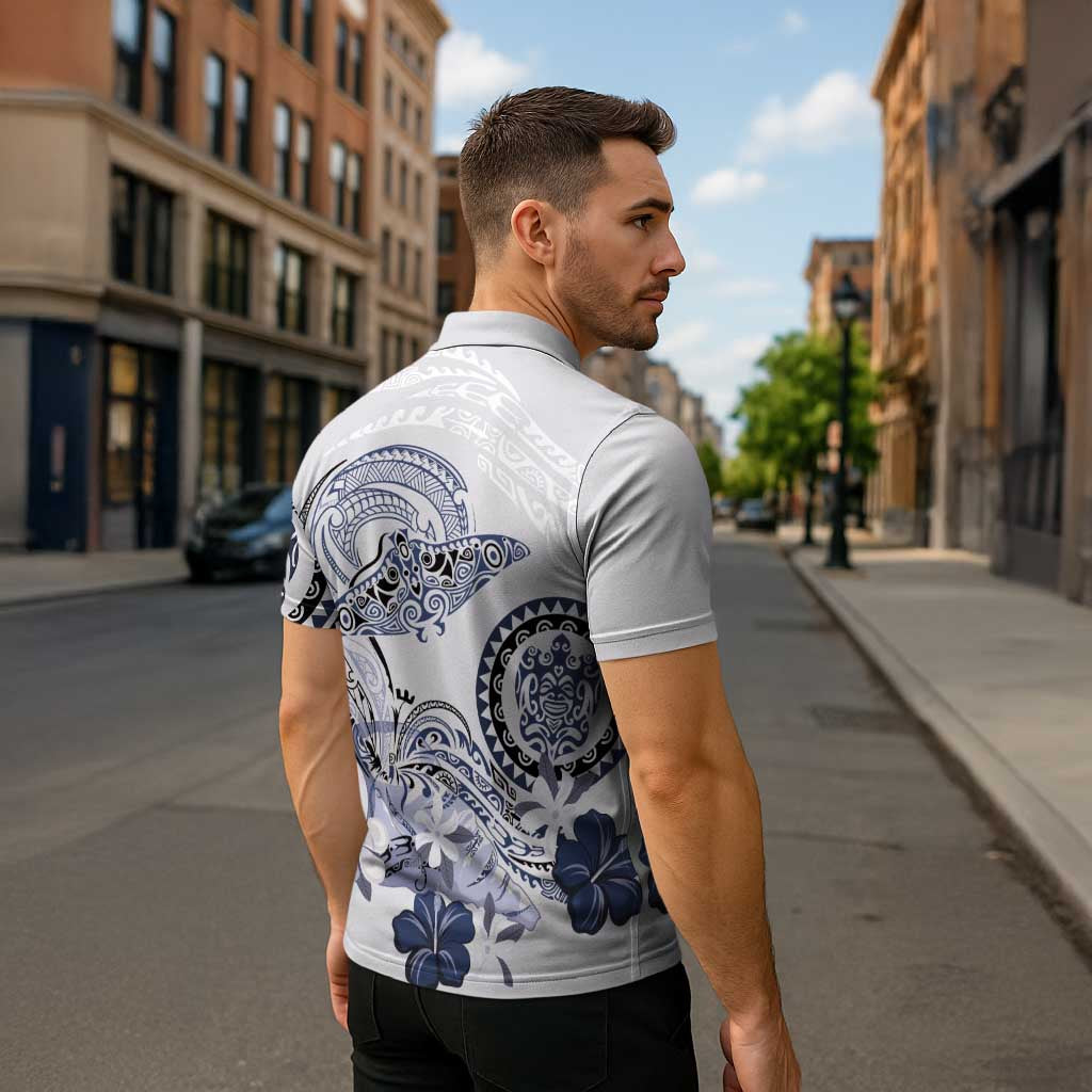 Polynesian Manta Ray Zipper Polo Shirt Blue Floral Turtle Tattoo LT9 - Polynesian Pride