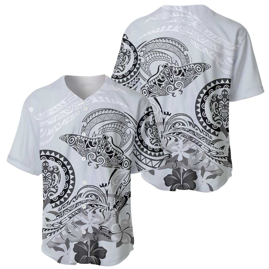 Polynesian Manta Ray Baseball Jersey Gray Floral Turtle Tattoo - Polynesian Pride