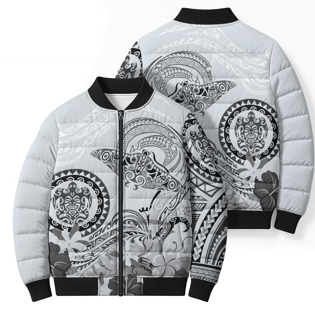 Polynesian Manta Ray Bomber Puffer Jacket Gray Floral Turtle Tattoo LT9 - Polynesian Pride