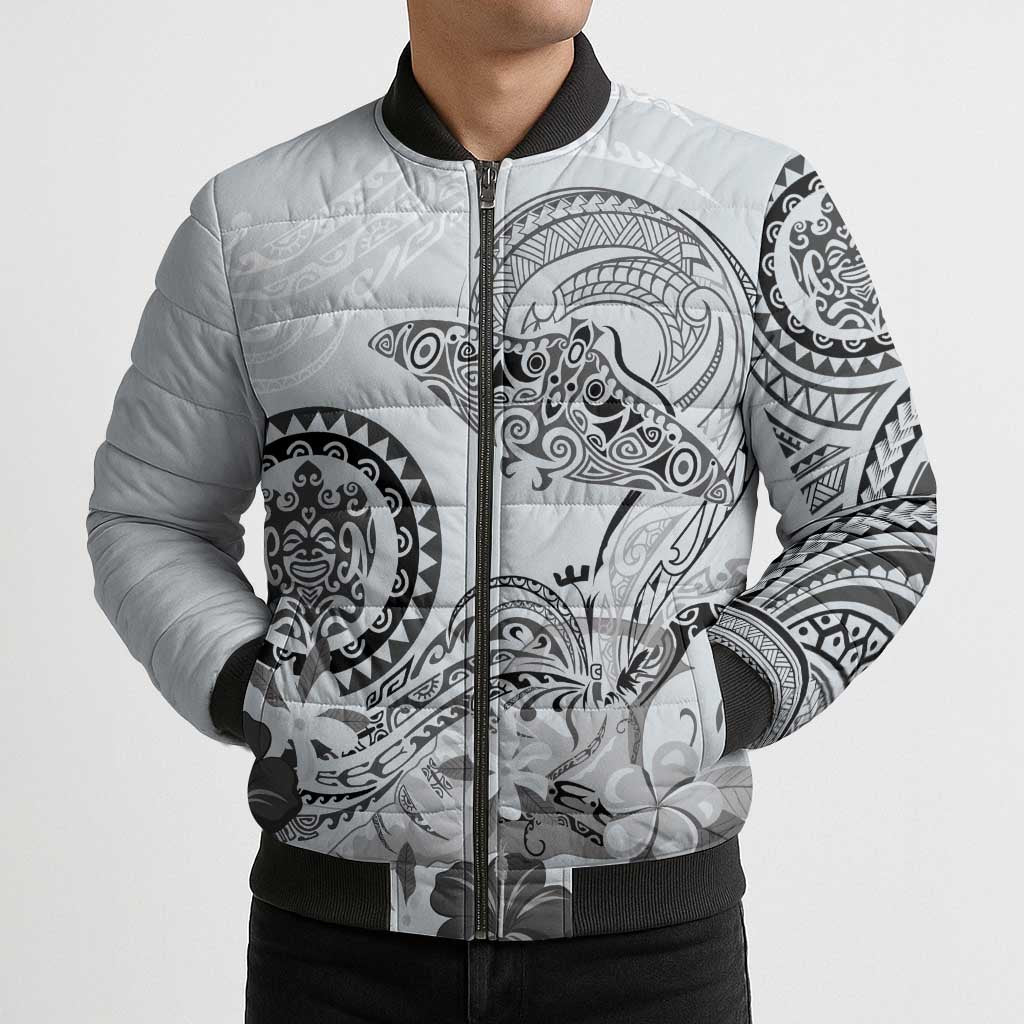 Polynesian Manta Ray Bomber Puffer Jacket Gray Floral Turtle Tattoo LT9 - Polynesian Pride