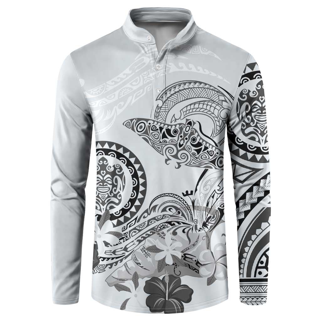 Polynesian Manta Ray Button Sweatshirt Gray Floral Turtle Tattoo LT9 Gray - Polynesian Pride