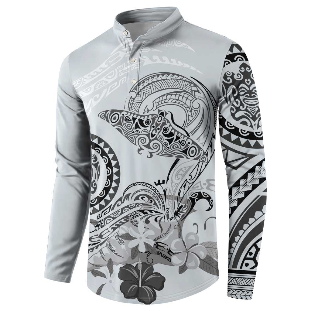 Polynesian Manta Ray Button Sweatshirt Gray Floral Turtle Tattoo LT9 - Polynesian Pride