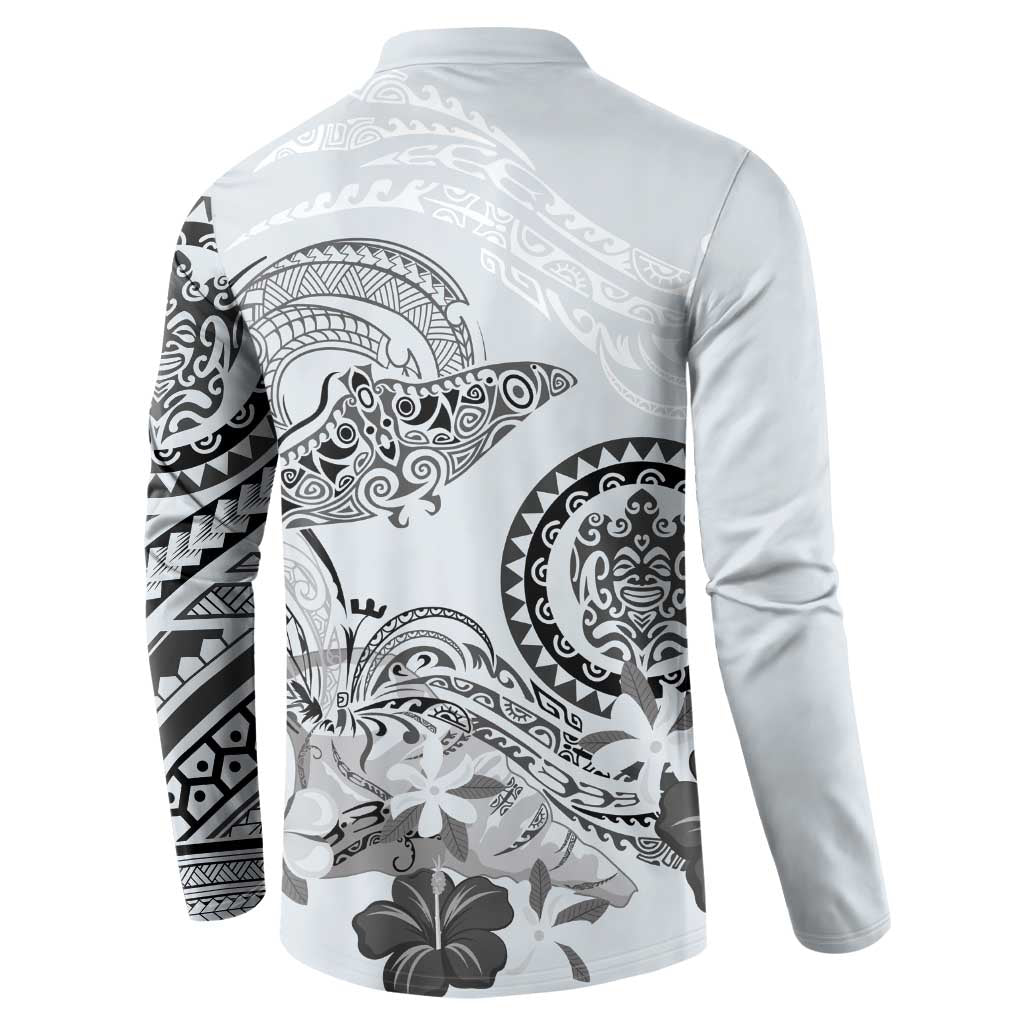 Polynesian Manta Ray Button Sweatshirt Gray Floral Turtle Tattoo LT9 - Polynesian Pride