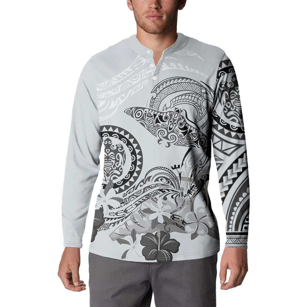 Polynesian Manta Ray Button Sweatshirt Gray Floral Turtle Tattoo LT9 - Polynesian Pride