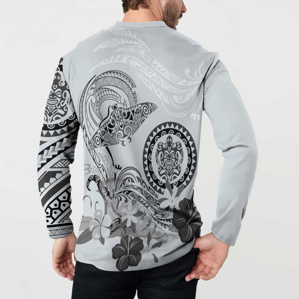 Polynesian Manta Ray Button Sweatshirt Gray Floral Turtle Tattoo LT9 - Polynesian Pride