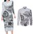 Polynesian Manta Ray Couples Matching Long Sleeve Bodycon Dress and Long Sleeve Button Shirt Gray Floral Turtle Tattoo - Polynesian Pride