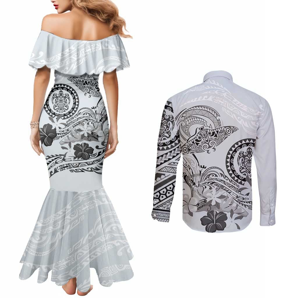 Polynesian Manta Ray Couples Matching Mermaid Dress and Long Sleeve Button Shirt Gray Floral Turtle Tattoo LT9 - Polynesian Pride