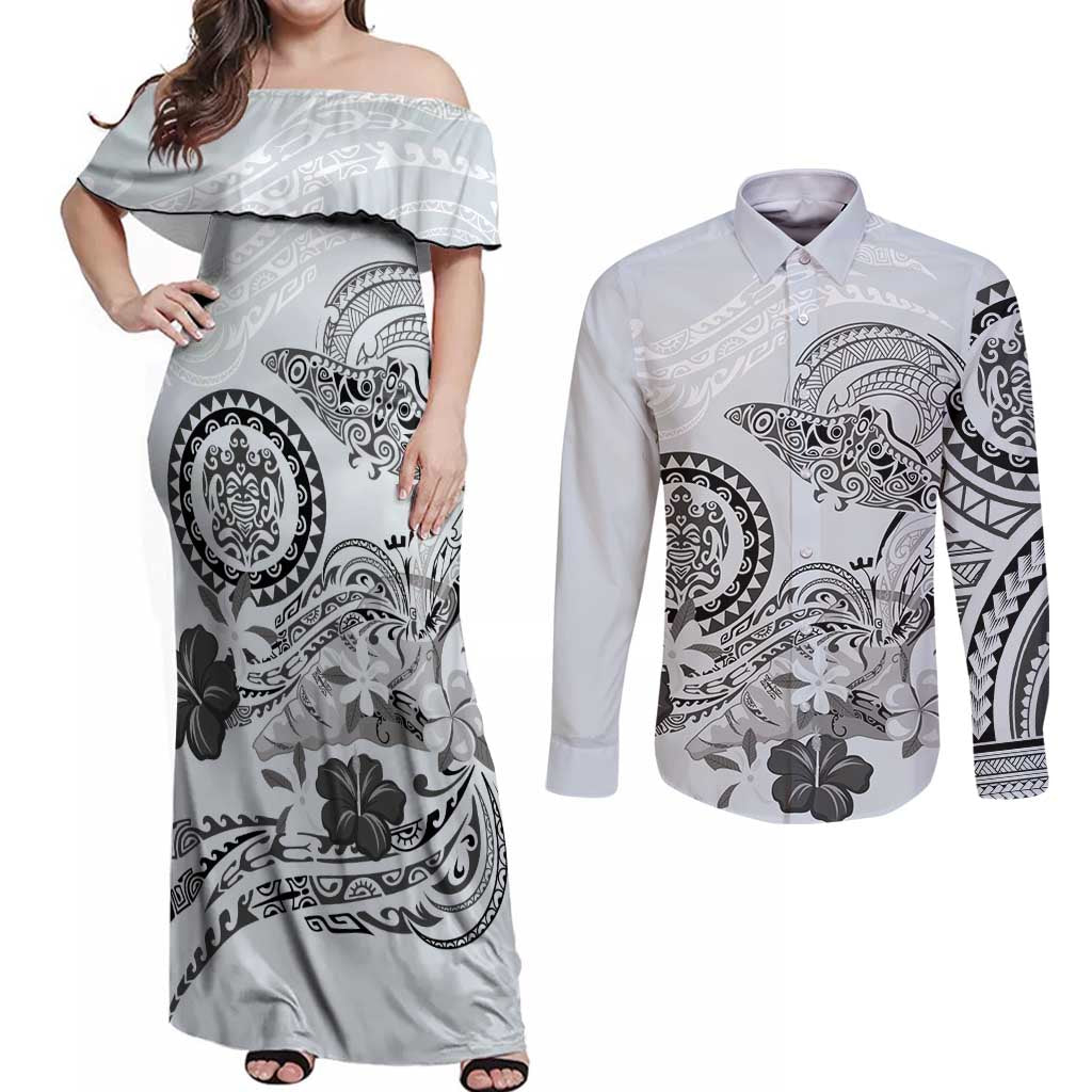 Polynesian Manta Ray Couples Matching Off Shoulder Maxi Dress and Long Sleeve Button Shirt Gray Floral Turtle Tattoo LT9 Gray - Polynesian Pride