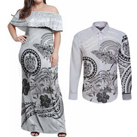 Polynesian Manta Ray Couples Matching Off Shoulder Maxi Dress and Long Sleeve Button Shirt Gray Floral Turtle Tattoo LT9 Gray - Polynesian Pride