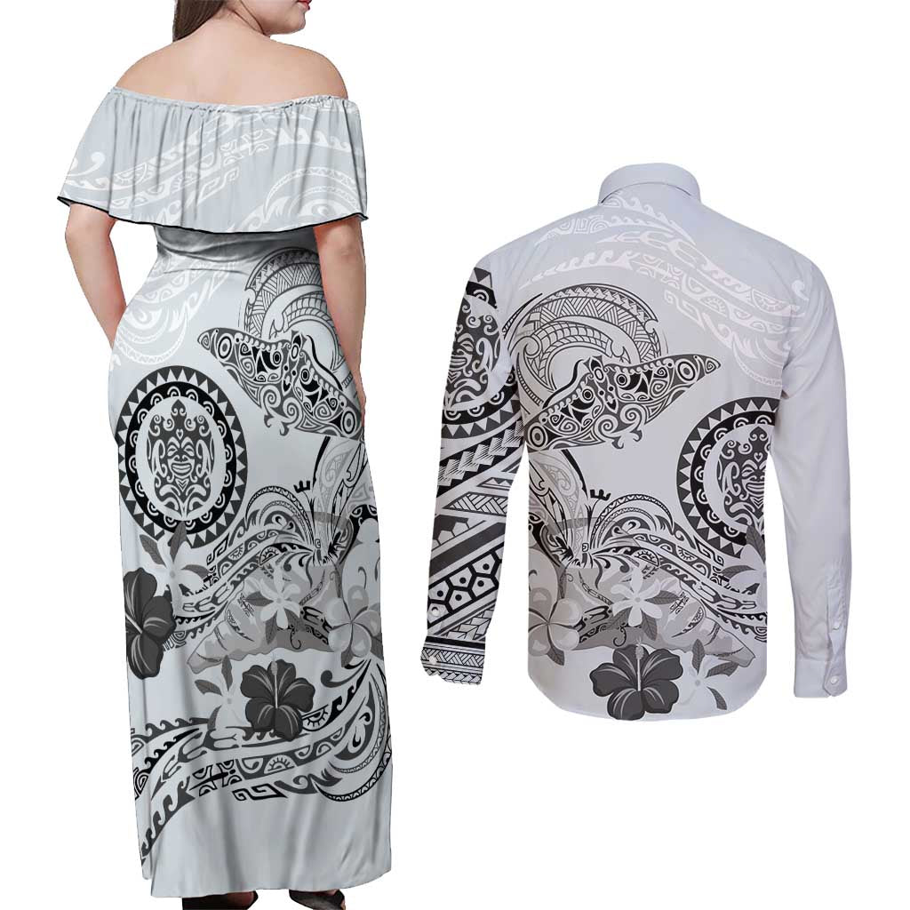 Polynesian Manta Ray Couples Matching Off Shoulder Maxi Dress and Long Sleeve Button Shirt Gray Floral Turtle Tattoo LT9 - Polynesian Pride