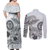 Polynesian Manta Ray Couples Matching Off Shoulder Maxi Dress and Long Sleeve Button Shirt Gray Floral Turtle Tattoo LT9 - Polynesian Pride