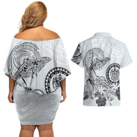 Polynesian Manta Ray Couples Matching Off Shoulder Short Dress and Hawaiian Shirt Gray Floral Turtle Tattoo - Polynesian Pride