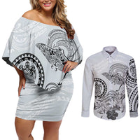 Polynesian Manta Ray Couples Matching Off Shoulder Short Dress and Long Sleeve Button Shirt Gray Floral Turtle Tattoo LT9 Gray - Polynesian Pride