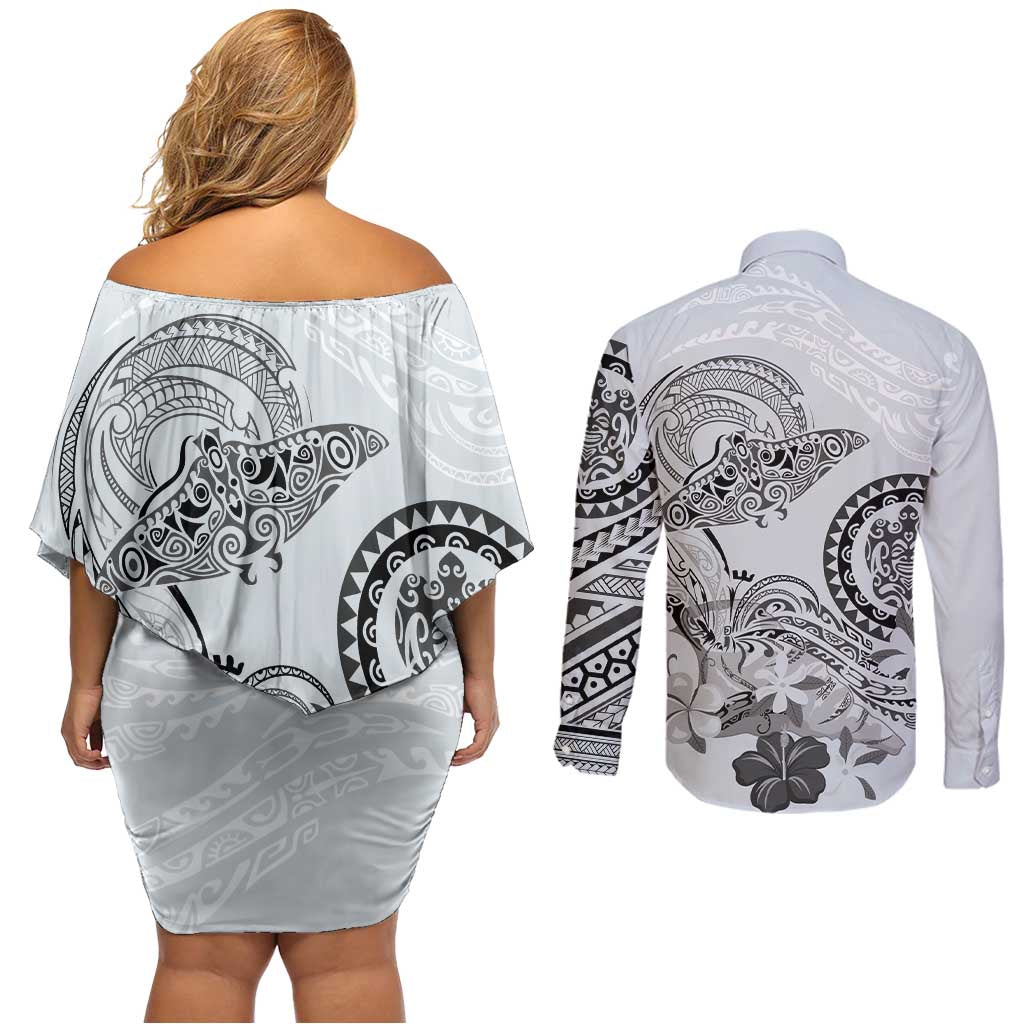 Polynesian Manta Ray Couples Matching Off Shoulder Short Dress and Long Sleeve Button Shirt Gray Floral Turtle Tattoo LT9 - Polynesian Pride