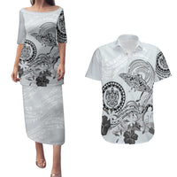 Polynesian Manta Ray Couples Matching Puletasi and Hawaiian Shirt Gray Floral Turtle Tattoo LT9 Gray - Polynesian Pride