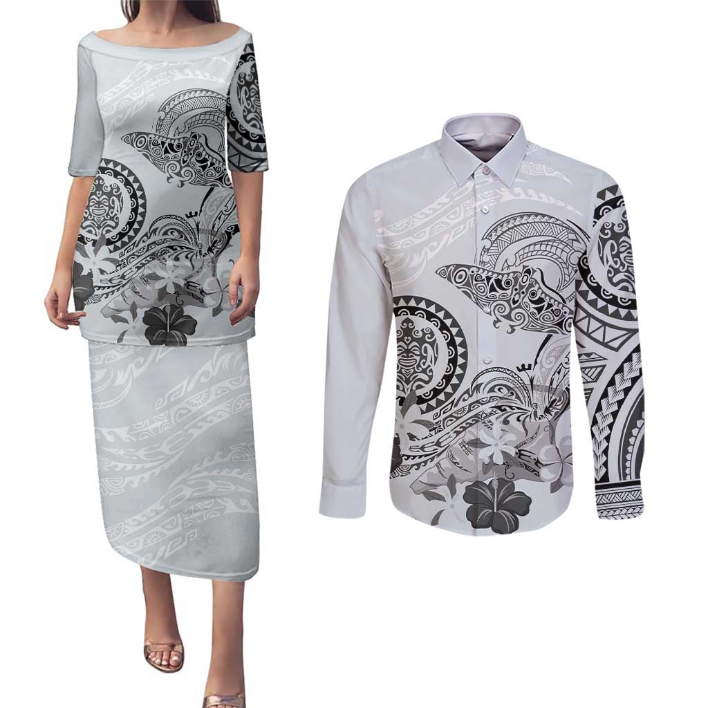 Polynesian Manta Ray Couples Matching Puletasi and Long Sleeve Button Shirt Gray Floral Turtle Tattoo - Polynesian Pride