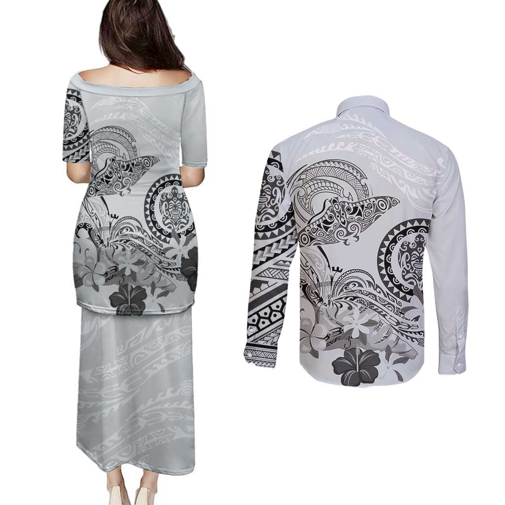 Polynesian Manta Ray Couples Matching Puletasi and Long Sleeve Button Shirt Gray Floral Turtle Tattoo LT9 - Polynesian Pride