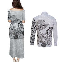 Polynesian Manta Ray Couples Matching Puletasi and Long Sleeve Button Shirt Gray Floral Turtle Tattoo LT9 - Polynesian Pride