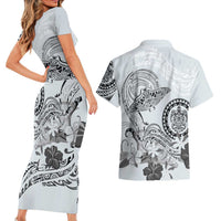 Polynesian Manta Ray Couples Matching Short Sleeve Bodycon Dress and Hawaiian Shirt Gray Floral Turtle Tattoo - Polynesian Pride