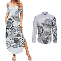 Polynesian Manta Ray Couples Matching Summer Maxi Dress and Long Sleeve Button Shirt Gray Floral Turtle Tattoo LT9 Gray - Polynesian Pride